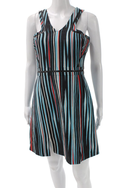 Versace Women A-Line Black Silk V-Neck Sleeveless Striped Mini Dress Size 42