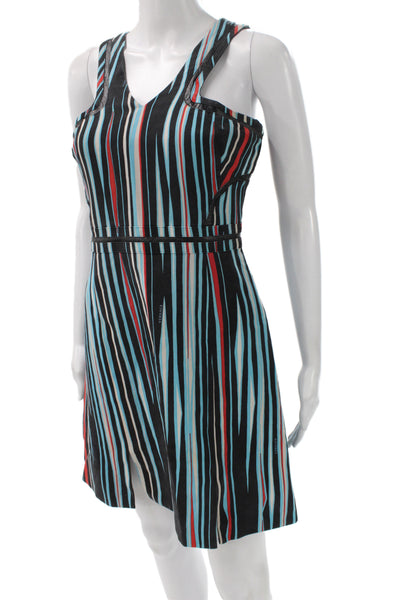 Versace Women A-Line Black Silk V-Neck Sleeveless Striped Mini Dress Size 42