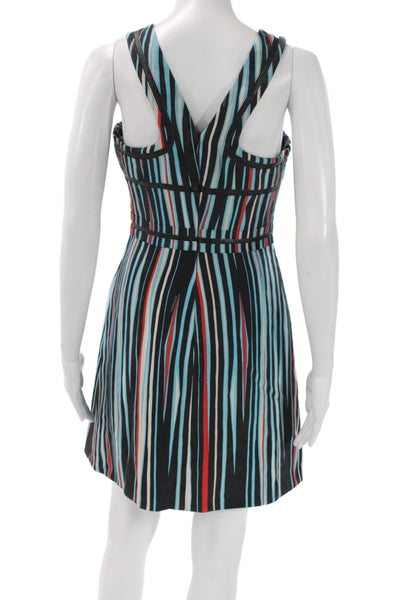Versace Women A-Line Black Silk V-Neck Sleeveless Striped Mini Dress Size 42