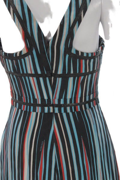 Versace Women A-Line Black Silk V-Neck Sleeveless Striped Mini Dress Size 42