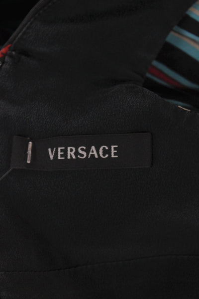 Versace Women A-Line Black Silk V-Neck Sleeveless Striped Mini Dress Size 42