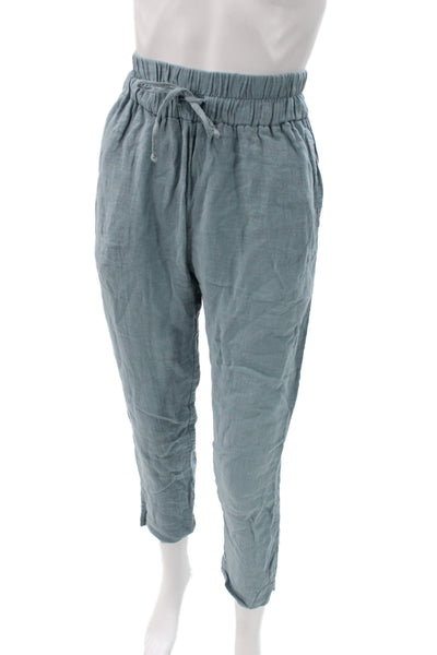 Lanhtropy Women Ankle Pants Blue Linen Blend Drawstring Casual Size S