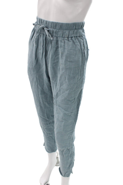 Lanhtropy Women Ankle Pants Blue Linen Blend Drawstring Casual Size S