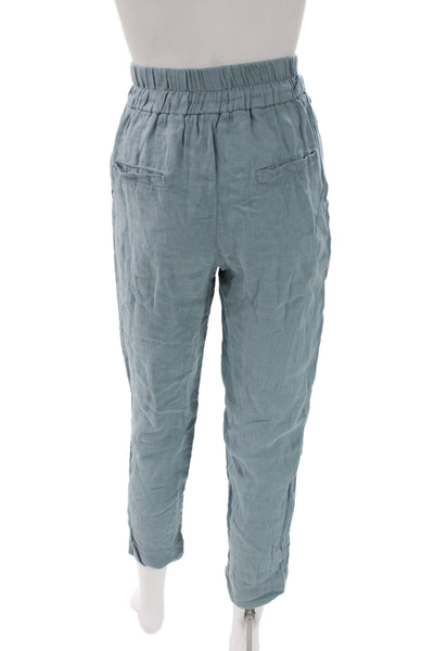 Lanhtropy Women Ankle Pants Blue Linen Blend Drawstring Casual Size S