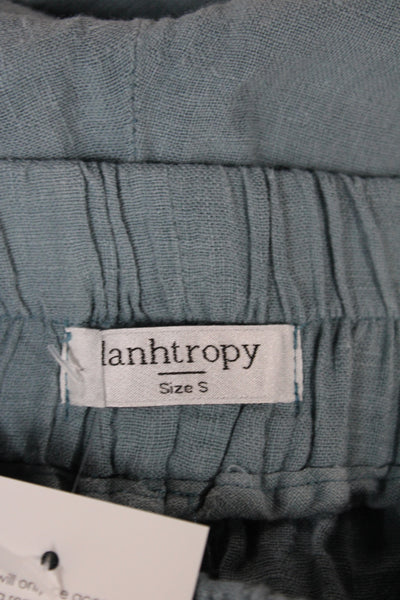 Lanhtropy Women Ankle Pants Blue Linen Blend Drawstring Casual Size S