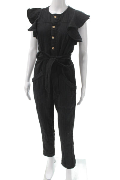 Free People Women Boho Sleeveless Jumpsuit Black Cotton Button Neck Size XS