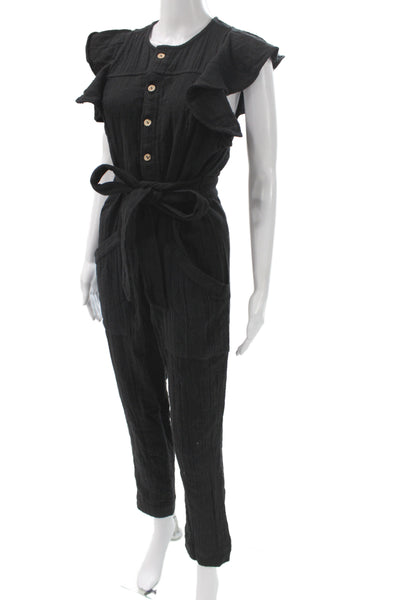 Free People Women Boho Sleeveless Jumpsuit Black Cotton Button Neck Size XS