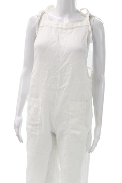 9 Seed Women White Linen Sleeveless Square Neck Tie Jumpsuit Beach Size S