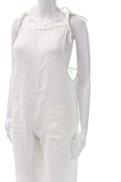 9 Seed Women White Linen Sleeveless Square Neck Tie Jumpsuit Beach Size S
