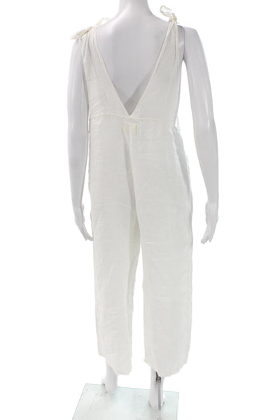 9 Seed Women White Linen Sleeveless Square Neck Tie Jumpsuit Beach Size S