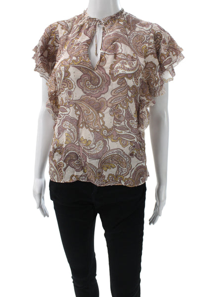 Intermix Women Silk Paisley V-Neck Tunic Blouse Short Sleeve Beige Size S