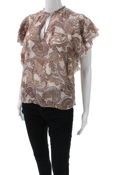 Intermix Women Silk Paisley V-Neck Tunic Blouse Short Sleeve Beige Size S
