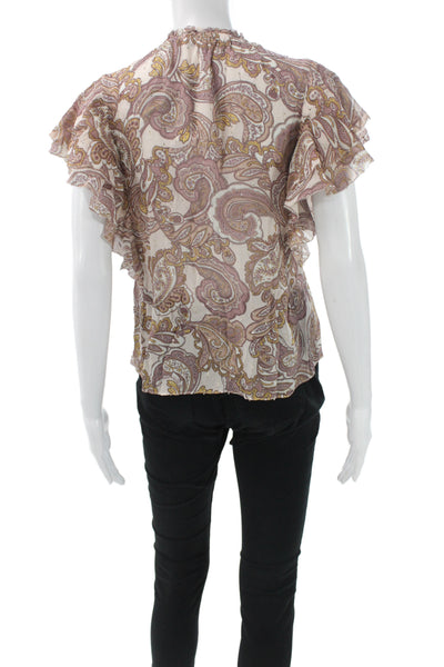 Intermix Women Silk Paisley V-Neck Tunic Blouse Short Sleeve Beige Size S