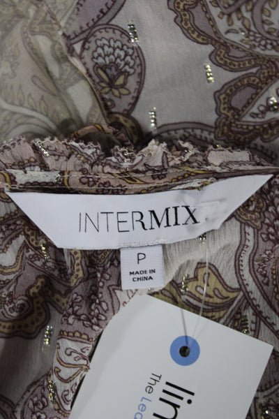 Intermix Women Silk Paisley V-Neck Tunic Blouse Short Sleeve Beige Size S
