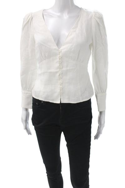 Reformation Womens Basic 100% Linen White V-Neck Long Sleeve Blouse Size 4