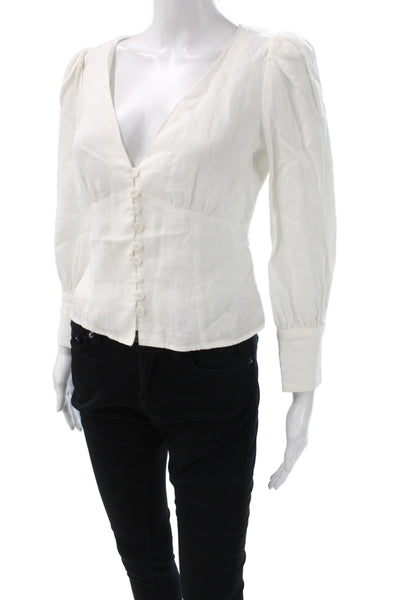 Reformation Womens Basic 100% Linen White V-Neck Long Sleeve Blouse Size 4