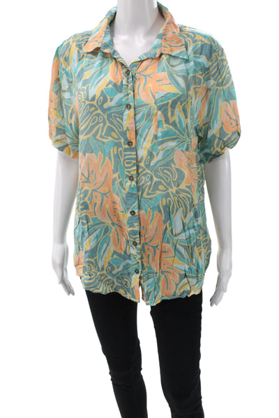 Jens Pirate Booty Women Tunic Blouse Blue Floral Short Sleeve Rayon Size S