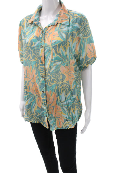 Jens Pirate Booty Women Tunic Blouse Blue Floral Short Sleeve Rayon Size S