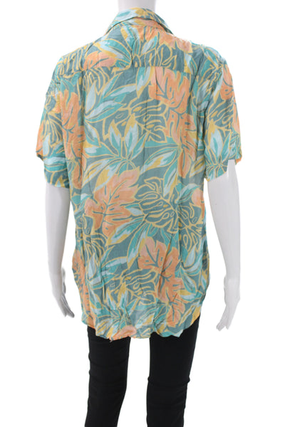 Jens Pirate Booty Women Tunic Blouse Blue Floral Short Sleeve Rayon Size S