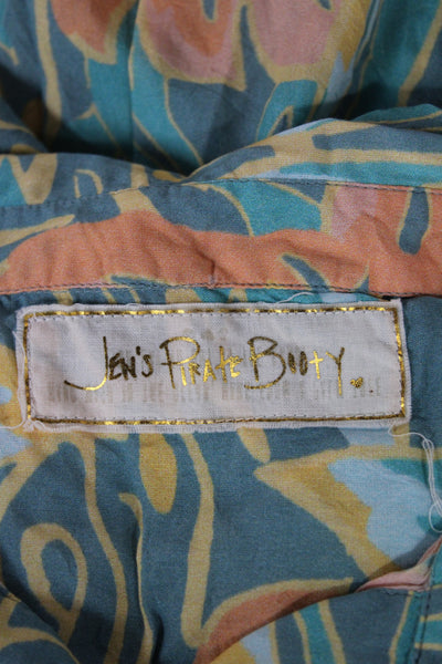 Jens Pirate Booty Women Tunic Blouse Blue Floral Short Sleeve Rayon Size S