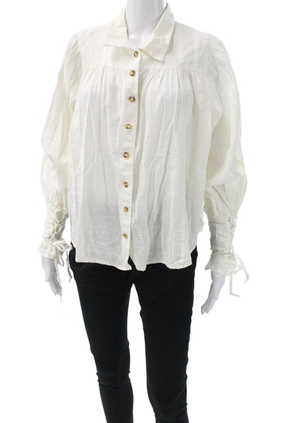 Free People Women Bohemian Tunic White Button Long Sleeve Cotton Size S