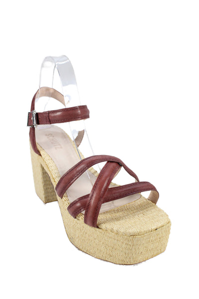 Schutz Womens Raffia Block Platform Heels Sandals Stacie Shoes Brown Size 8.5B