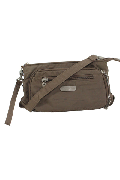 Baggallini Womens Nylon Multi Zipper Compartment Crossbody Handbag Green Brown