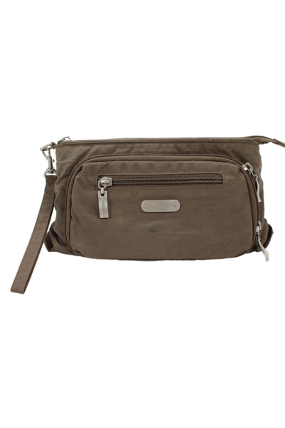Baggallini Womens Nylon Multi Zipper Compartment Crossbody Handbag Green Brown