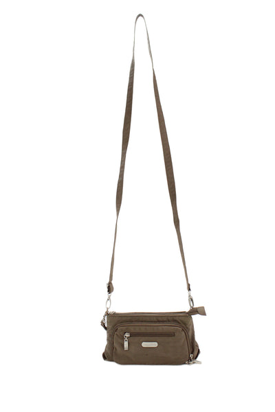 Baggallini Womens Nylon Multi Zipper Compartment Crossbody Handbag Green Brown