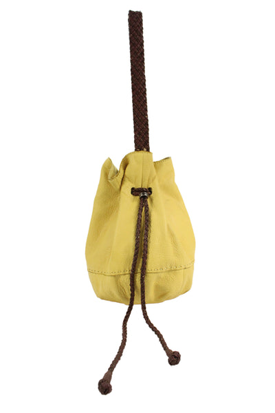 The Sak Womens Leather Button Closure Bucket Handbag Mustard Yellow