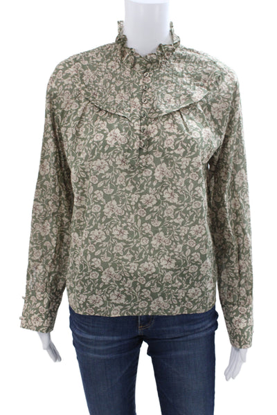 Sundays Women Floral Cotton High Neck Button Long Sleeve Blouse Size S