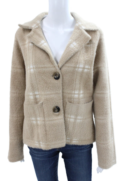 NVLT Womens Beige Plaid Basic Jacket Button Closure Long Sleeve Nylon Size S