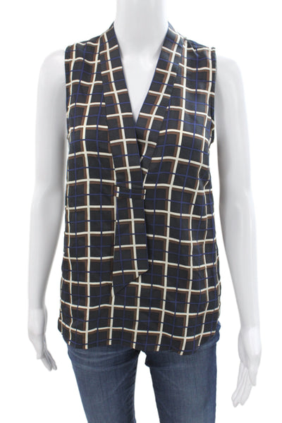 J Crew Womens Silk Plaid V-Neck Sleeveless Tunic Blouse Black Size 0