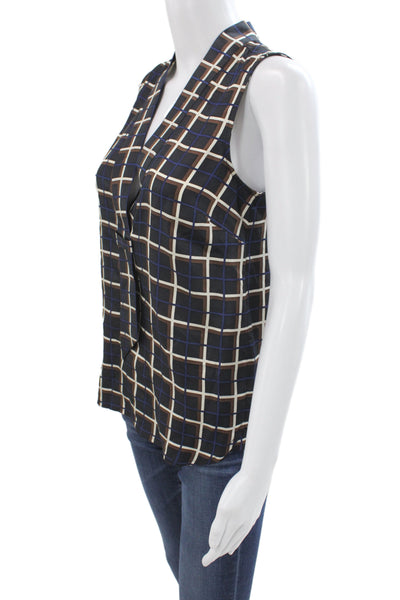 J Crew Womens Silk Plaid V-Neck Sleeveless Tunic Blouse Black Size 0