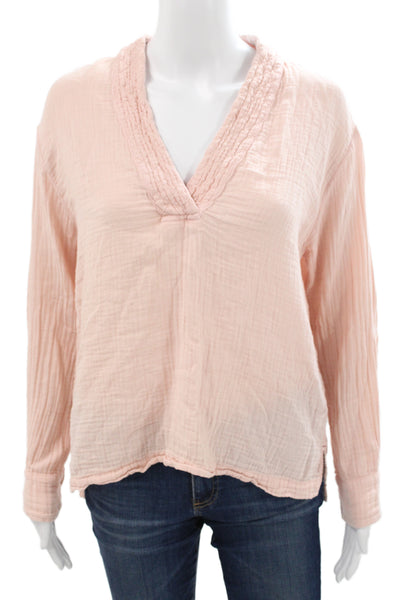 Xirena Women Basic Pink Cotton V-Neck Long Sleeve Blouse Size XS