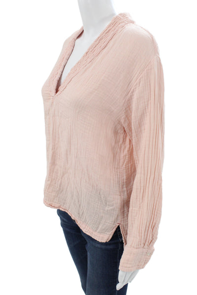 Xirena Women Basic Pink Cotton V-Neck Long Sleeve Blouse Size XS
