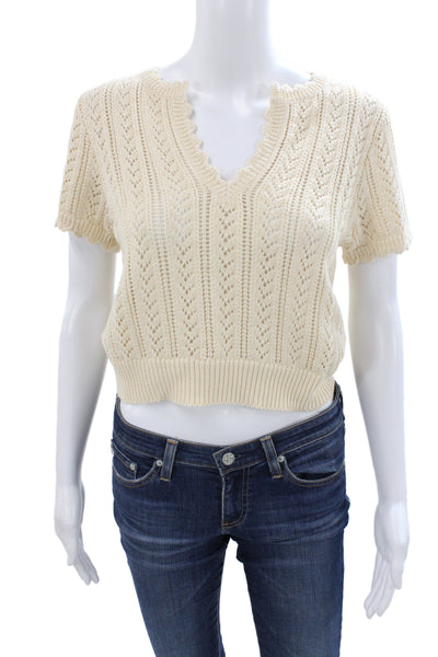 Sundays Womens Ivory V-Neck Cotton Boho Pullover Short Sleeve Size S