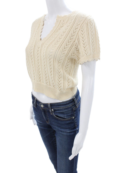 Sundays Womens Ivory V-Neck Cotton Boho Pullover Short Sleeve Size S