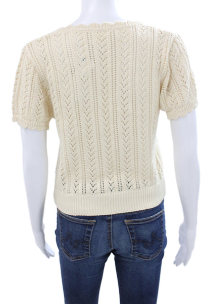 Sundays Womens Ivory V-Neck Cotton Boho Pullover Short Sleeve Size S