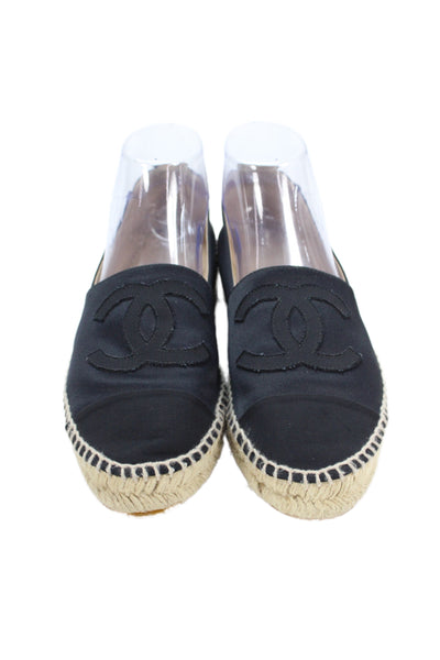 Chanel Womens Satin Logo Cap Toe Espadrille Flats Black Size 39 9