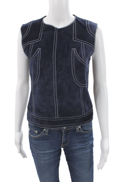 Derek Lam Women Basic Blue Calfskin Suede Tank Round Neck Zip Closure Size 2