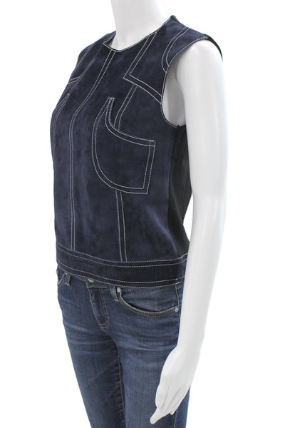 Derek Lam Women Basic Blue Calfskin Suede Tank Round Neck Zip Closure Size 2