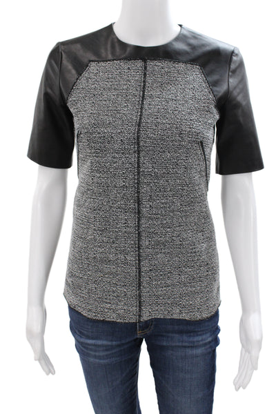 Proenza Schouler Women Black Basic Short Sleeve Blouse Zip Round Neck Size 2