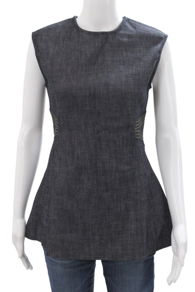 Derek Lam Womens Tunic Blouse Sleeveless Blue Round Neck Zip Cotton Size 2