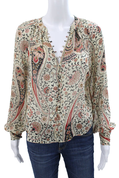 Veronica Beard Women Silk Paisley V-Neck Tunic Blouse Long Sleeve Beige Size 00