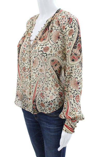 Veronica Beard Women Silk Paisley V-Neck Tunic Blouse Long Sleeve Beige Size 00