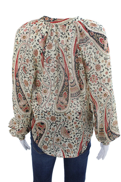 Veronica Beard Women Silk Paisley V-Neck Tunic Blouse Long Sleeve Beige Size 00