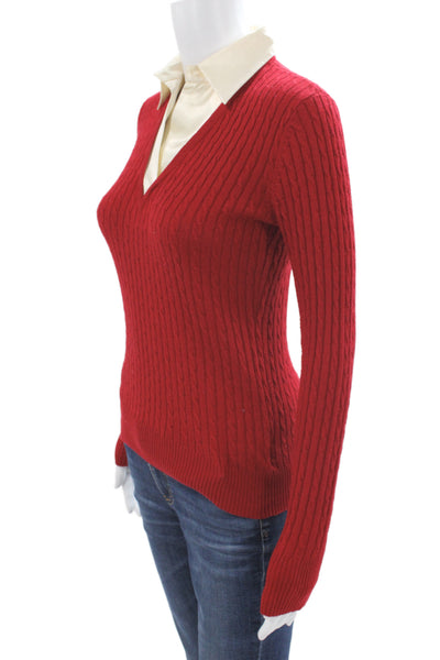 Lauren Ralph Lauren Women Pullover Sweater Red Silk Collared Solid Size XS
