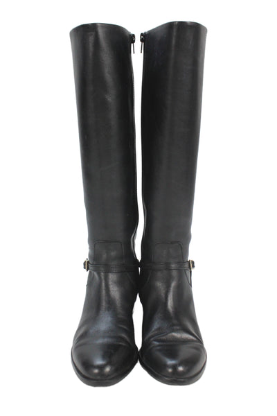 Essex Lane Womens Side Zip Block Heel Leather Knee High Boots Black Size 8M