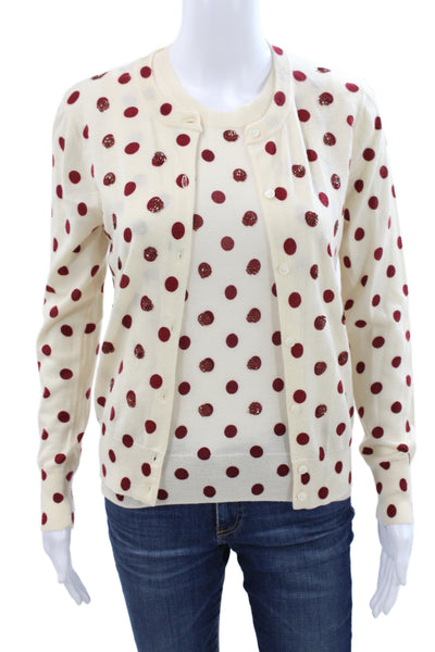 J Crew Women Cardigan Ivory Polka Dot 100% Merino Wool Button Crewneck Size S